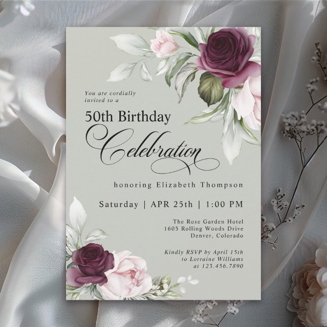 Elegant Watercolor Floral Sage Green 50th Birthday Invitation (Creator Uploaded)