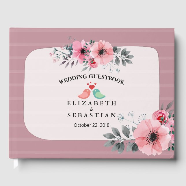 Elegant Watercolor Floral Script Wedding Guestbook (Front)