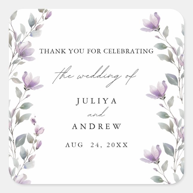 Elegant watercolor floral script wedding square sticker (Front)