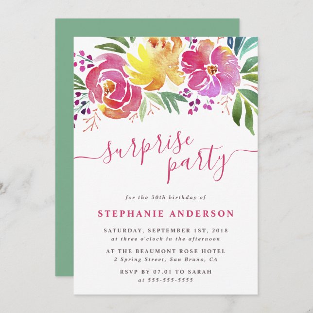 Elegant Watercolor Floral Surprise Party Invites (Front/Back)