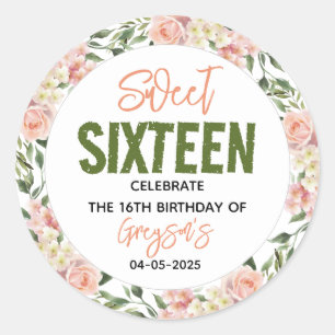 Elegant Watercolor Floral Sweet Sixteen Classic Round Sticker