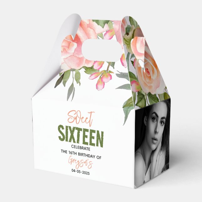 Elegant Watercolor Floral Sweet Sixteen Favour Box (Front Side)
