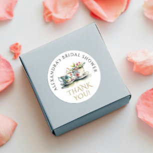 Elegant Watercolor Floral Teacup Gold Thank You  Classic Round Sticker
