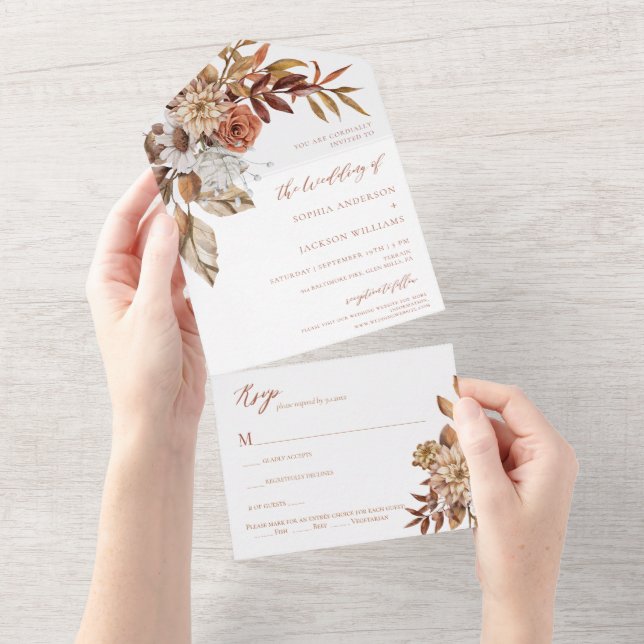 Elegant Watercolor Floral Terracotta  All In One Invitation (Tearaway)