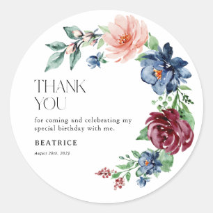 Elegant Watercolor Floral Thank You Birthday Classic Round Sticker
