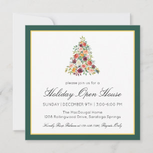 Elegant Watercolor Floral Tree Holiday Open House Card