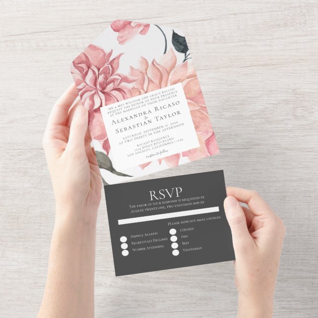 Elegant Watercolor Floral Wedding All In One Invitation (Tearaway)