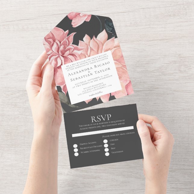 Elegant Watercolor Floral Wedding All In One Invitation (Tearaway)