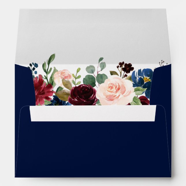 Elegant Watercolor Floral Wedding Blue Envelope (Back (Bottom))