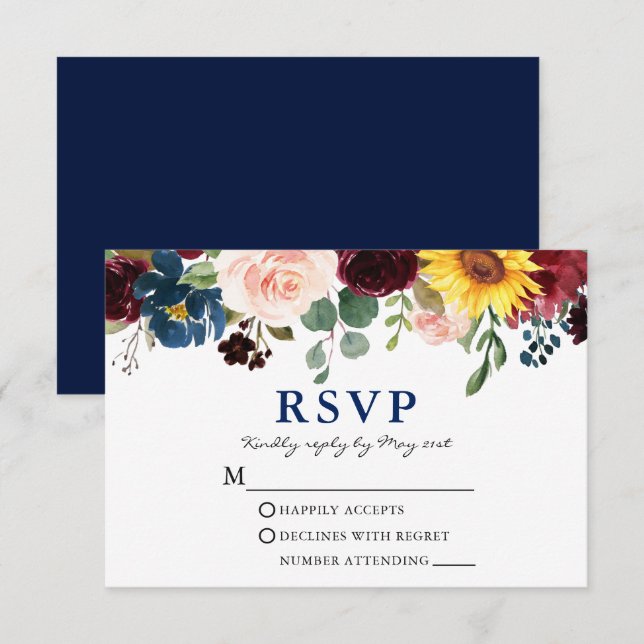 Elegant Watercolor Floral Wedding Blue RSVP Card (Front/Back)