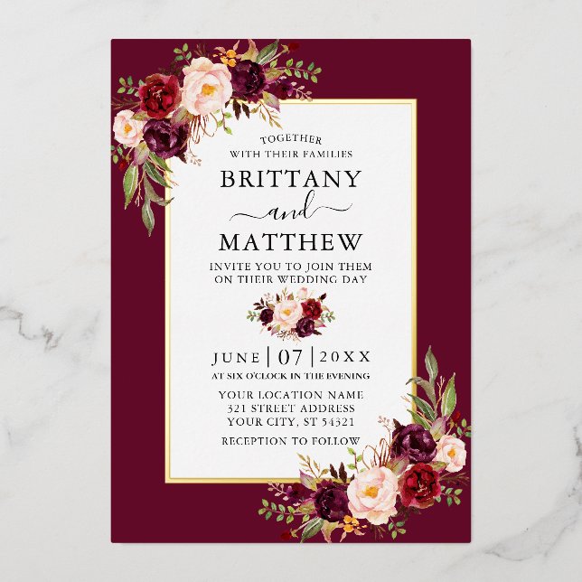 Elegant Watercolor Floral Wedding Burgundy Gold (Front)