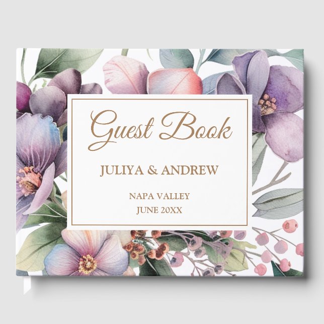 Elegant watercolor floral wedding  guest book (Front)