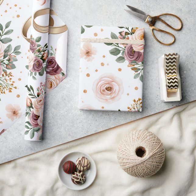 Elegant Watercolor Floral Wedding Pattern Wrapping Paper (Crafts)
