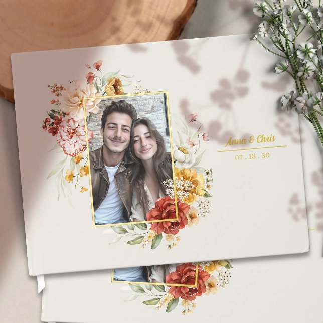 Elegant Watercolor Floral Wedding Photo Gold Guest Book (Personalized watercolor floral wedding photo guestbook with gold foil. Elegant celebration of life k)