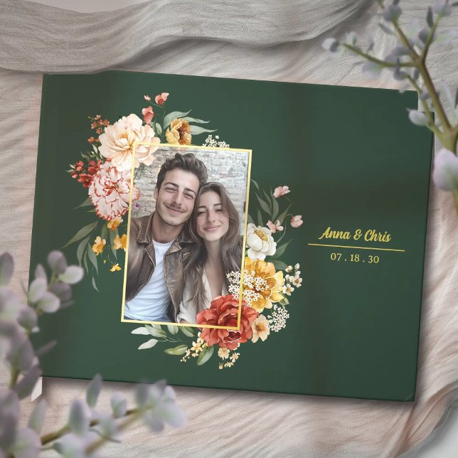 Elegant Watercolor Floral Wedding Photo Gold Guest Book (Personalized watercolor floral wedding photo guestbook with gold foil. Elegant wedding keepsake.
)