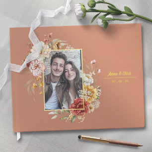 Elegant Watercolor Floral Wedding Photo Gold Guest Book