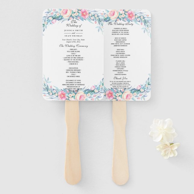 Elegant Watercolor Floral Wedding Program Hand Fan (Front and Back)