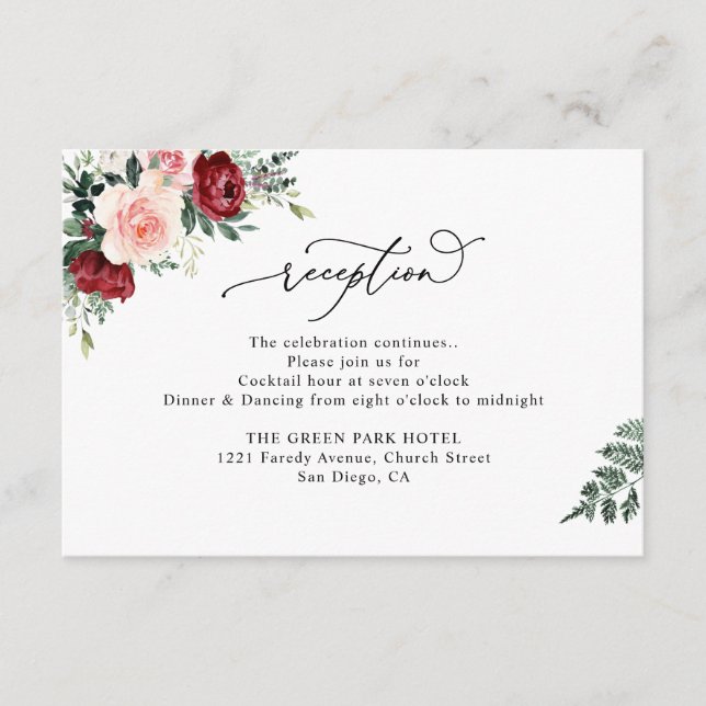 Elegant Watercolor Floral Wedding Reception Enclosure Card (Front)
