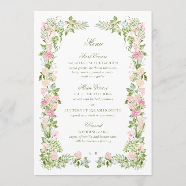 Elegant Watercolor Floral Wedding Reception Menu (Front)