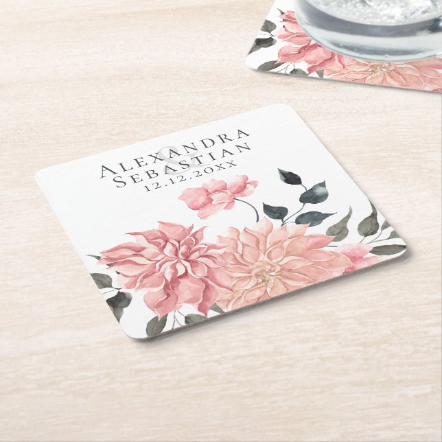Elegant Watercolor Floral Wedding Square Paper Coaster (Angled)