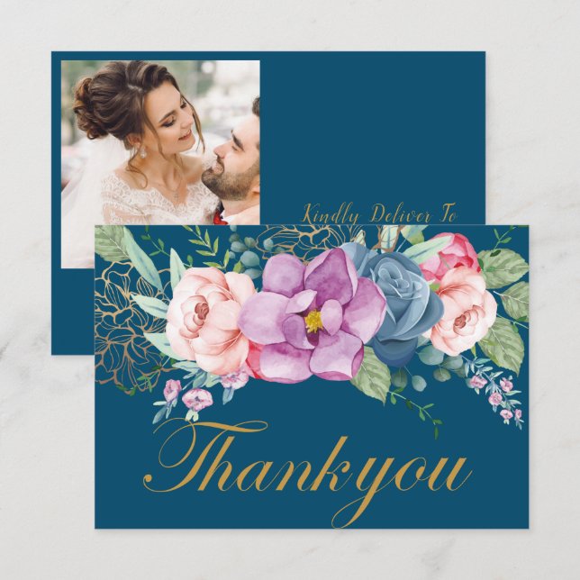 Elegant Watercolor Floral Wedding Thank You Card (Front/Back)