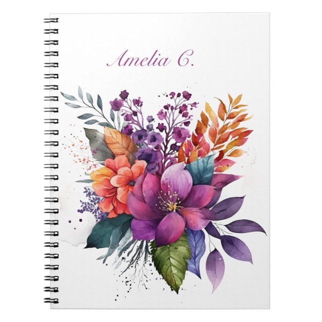 Elegant Watercolor Floral White Notebook (Front)