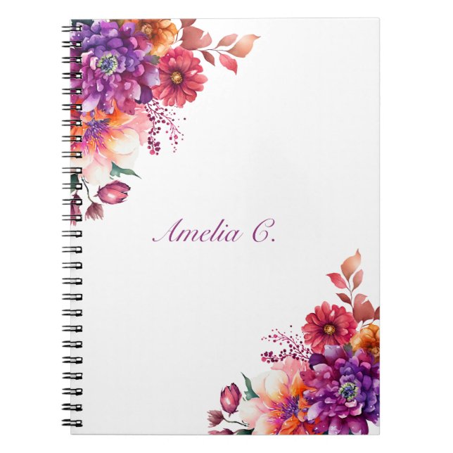 Elegant Watercolor Floral White Notebook (Front)