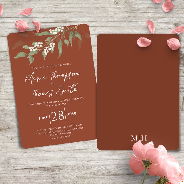 Elegant Watercolor Floral White Terracotta Flower Invitation (Terracotta elegant wedding invitation with watercolor greenery and foliage. )