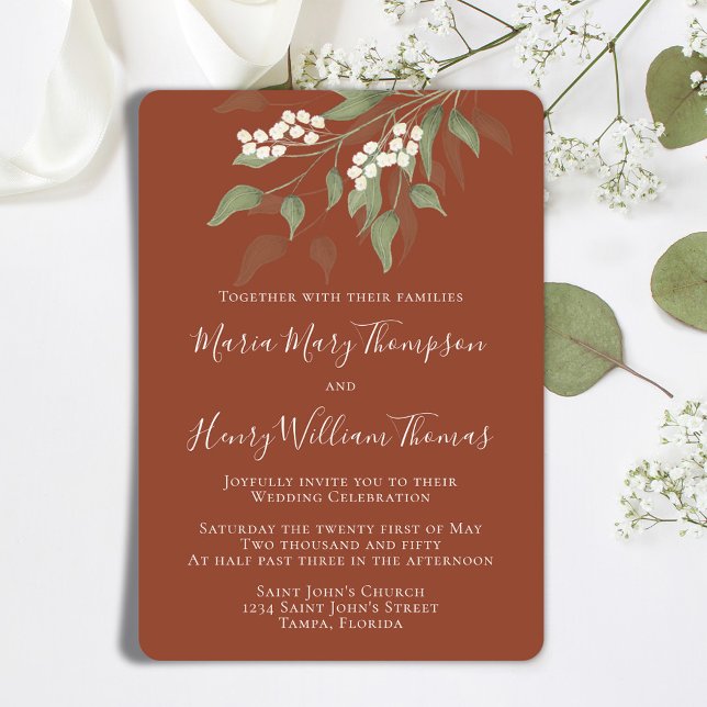 Elegant Watercolor Floral White Terracotta Flower Invitation (Terracotta elegant wedding invitation with watercolor greenery and foliage. )
