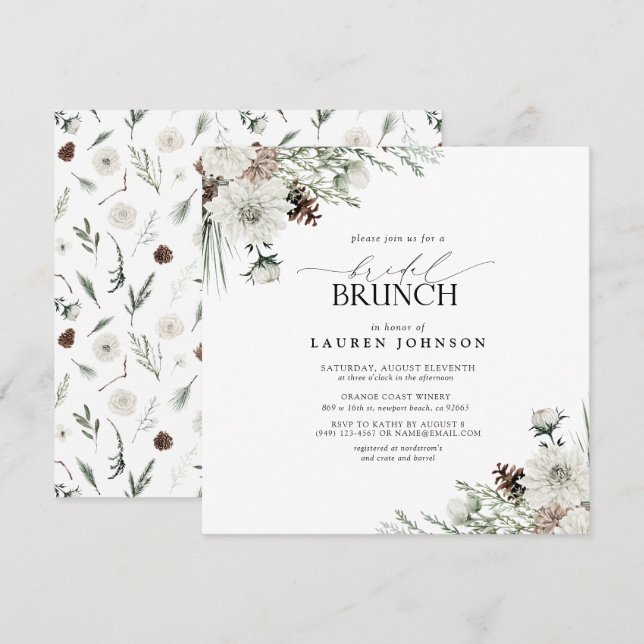 Elegant Watercolor Floral Winter Bridal Brunch Invitation (Front/Back)