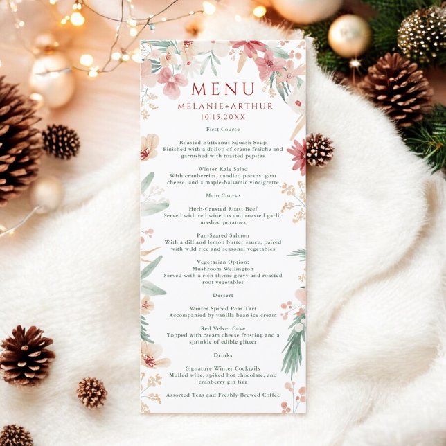 Elegant Watercolor Floral Winter Christmas Wedding Menu (Elegant Watercolor Floral Winter Christmas Wedding Menu)