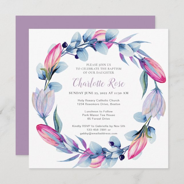 Elegant Watercolor Floral Wreath Baptism  Invitation (Front/Back)