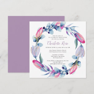 Elegant Watercolor Floral Wreath Baptism  Invitation