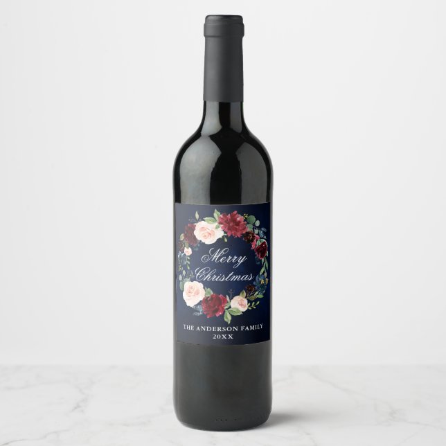 Elegant Watercolor Floral Wreath Christmas Party Wine Label (Front)