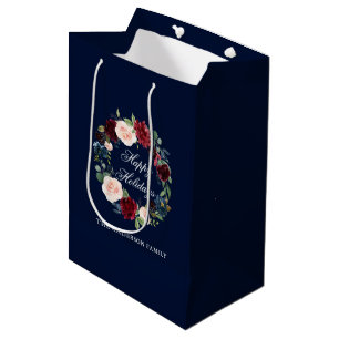Elegant Watercolor Floral Wreath Happy Holidays Medium Gift Bag
