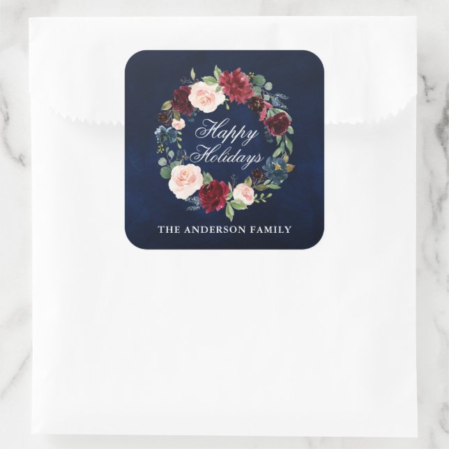 Elegant Watercolor Floral Wreath Happy Holidays Square Sticker (Bag)