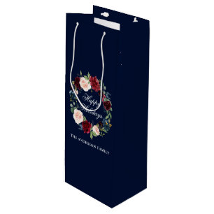 Elegant Watercolor Floral Wreath Happy Holidays Wine Gift Bag