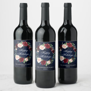Elegant Watercolor Floral Wreath Holiday Party Wine Label