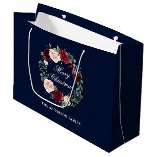 Elegant Watercolor Floral Wreath Merry Christmas Large Gift Bag