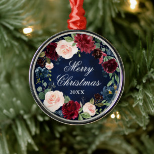 Elegant Watercolor Floral Wreath Merry Christmas Metal Tree Decoration