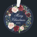 Elegant Watercolor Floral Wreath Merry Christmas Ornament<br><div class="desc">Merry Christmas. Elegant Watercolor Blue Background with Watercolor Burgundy Marsala Floral Wreath Christmas Ornament.  Includes beautiful roses and botanical greenery.</div>