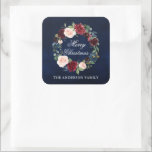 Elegant Watercolor Floral Wreath Merry Christmas Square Sticker<br><div class="desc">Merry Christmas. Elegant Watercolor Blue Background with Watercolor Burgundy Marsala Floral Wreath Christmas Party Favour Stickers and Gift Stickers.  Includes beautiful roses and botanical greenery.</div>