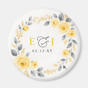 Elegant Watercolor Floral Yellow Grey Wedding Magnet