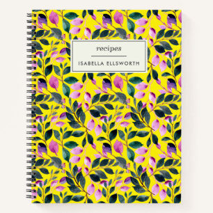 Elegant Watercolor Floral Yellow Name Recipe Notebook