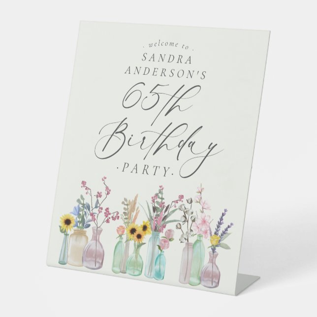 Elegant Watercolor Florals 65th Birthday Party  Pedestal Sign (Front)