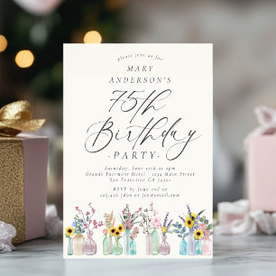 Elegant Watercolor Florals 75th Birthday Party Invitation