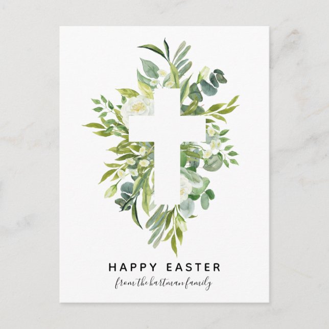 Elegant Watercolor Florals and Cross Easter Holiday Postcard (Front)