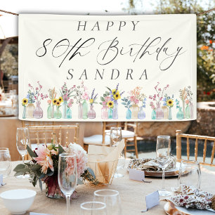Elegant Watercolor Florals Happy 80th Birthday  Banner
