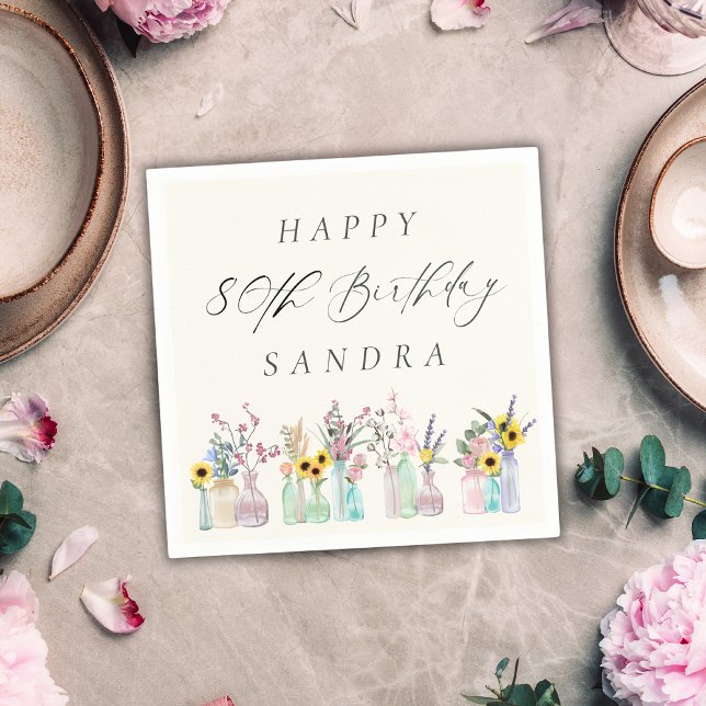 Elegant Watercolor Florals Happy 80th Birthday  Napkin (Creator Uploaded)