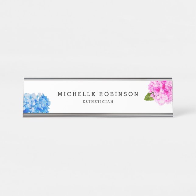 Elegant Watercolor Florals Hydrangea Desk Name Plate (Front)